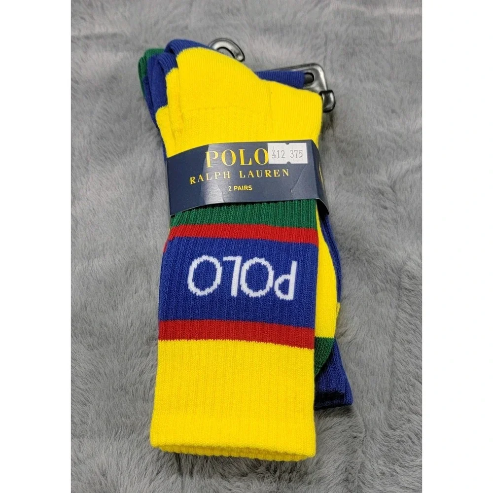 Polo Ralph Lauren Socks Mens 10-13 Multicolor Stripe POLO Logo Mid Calf 2 Pairs